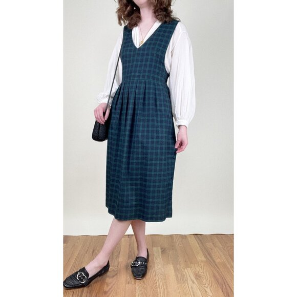 Vintage Plaid Pinafore Midi Dress Fall Winter Preppy Cottage Cabincore 80s 90s - Picture 10 of 10